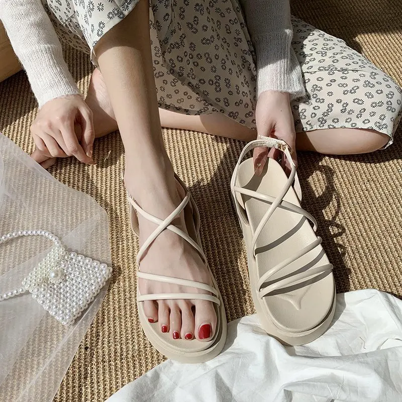 

Comfort Shoes for Women All-Match Clear Heels Muffins shoe 2021 Sandals Clogs Wedge Suit Female Beige Med Cross-Shoes Flat New S