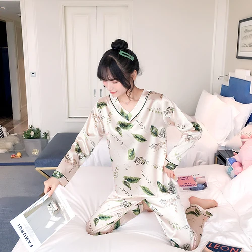 C Q 905 lv Осенняя Шелковая пижама с длинным рукавом для женщин pijama mujer, милый пижамный комплект с мультяшным принтом, домашняя одежда, длинные штаны, сексуальные пижамы - Цвет: C Q 905 lv
