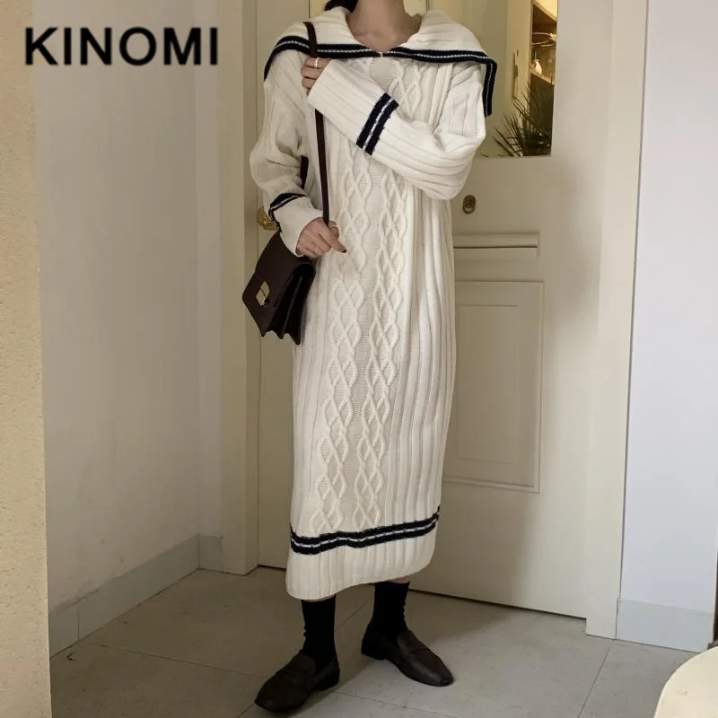 KINOMI зимние женские теплые платья-свитера с темно-синим воротником вязаные