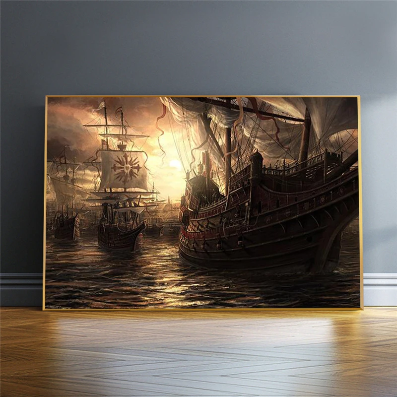 

Pirate Ship At Sea Canvas Painting Black Sailboat Vintage Posters and Prints Vessel Wall Pictures for Living Room Decor Quadro