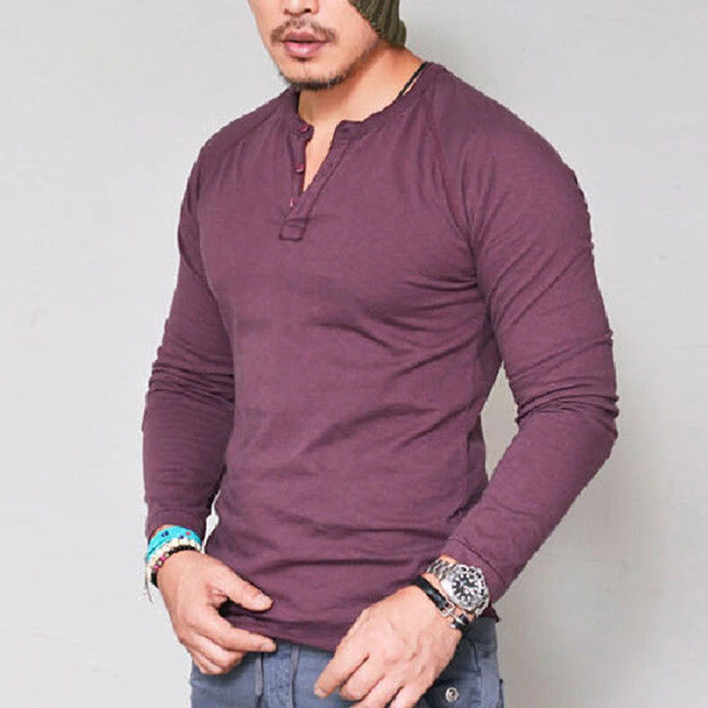 

Men Casual Solid Color O Neck Long Sleeve Buttons Plus Size Slim Blouse T-shirt