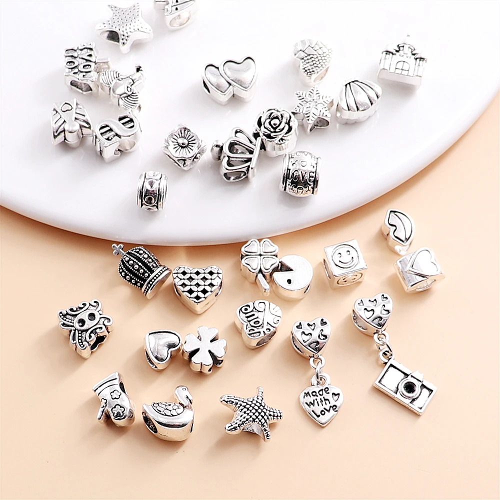32PCS Fit Women's Pandora Charm Bracelet Silver Plated Bead Heart Camera Pendant Necklace DIY Jewelry Making | Украшения и