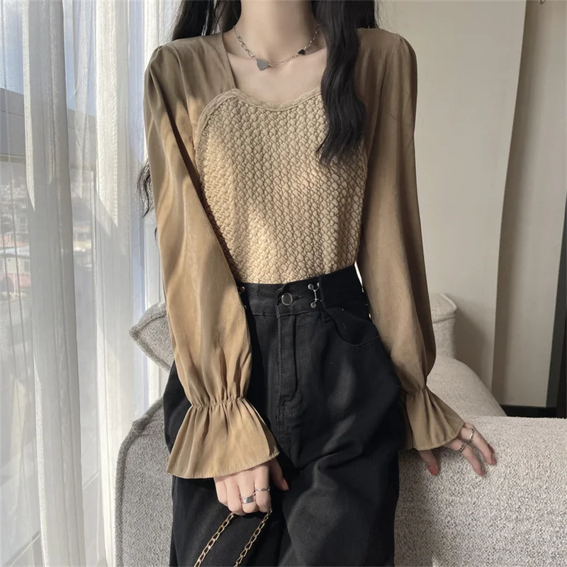 

Crop Top Women's Clothing Fashion All-match Korean Clothes New Spring/Autumn Splicing Trend Shirts Flare Sleeve Square Collar