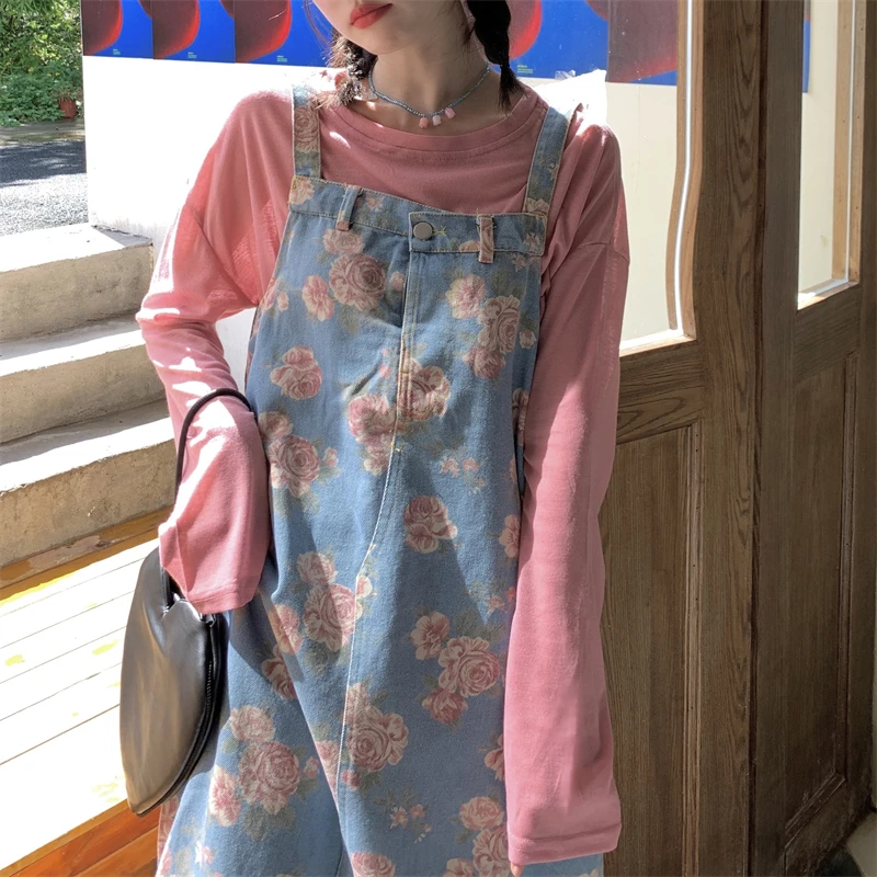 

Женское джинсовое платье без рукавов, синее винтажное платье средней длины на бретелях с цветочным принтом, свободное платье в Корейском ст...