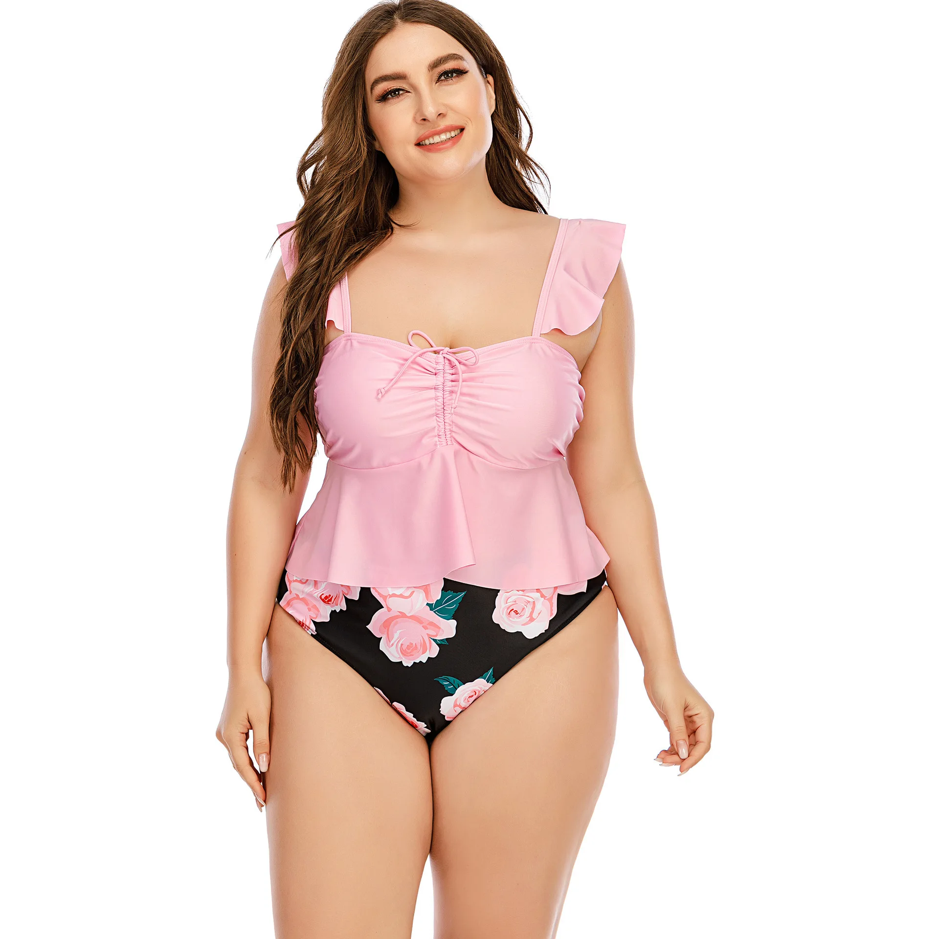 

Bathing Suit Women Pink Ruffle High Waist 2 Piece Set Printed Sleeveless Backless Plus Size Swimsuit Women Swimwear