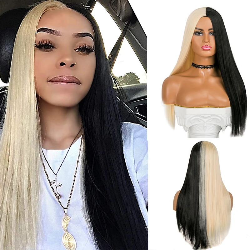 

Synthetic half black and half white 21 inch long hair party wigs for women cosplay event Dream ice's