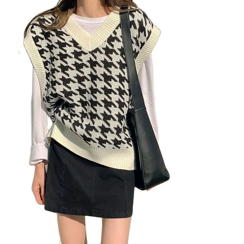 

Women Sweater Vest Autumn Houndstooth Plaid V-neck Sleeveless Knitted Vintage Loose Oversized Female Sweater Vest Tops