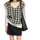 Женский свитер, жилет, Осенний клетчатый вязаный винтажный свободный свитер в стиле гусиные лапки без рукавов с V-образным вырезом, женские жилеты, топы