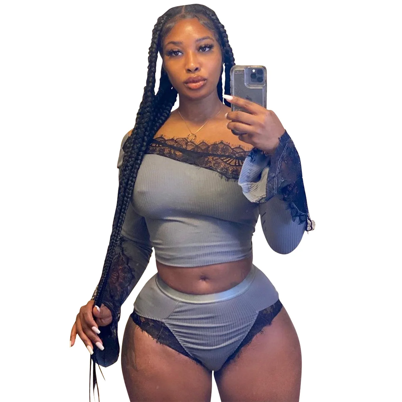 

women's lace splicing one shoulder sexy two piece set