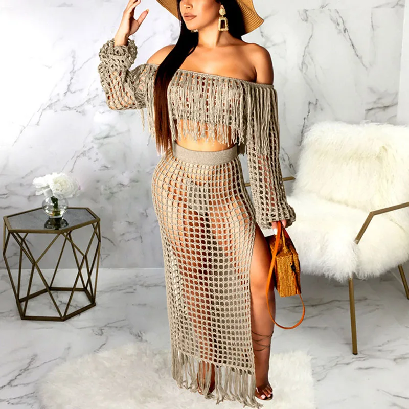 

Two Piece Set Women Sexy Fashion Hollow Tassel Bag Hip Beach Skirt Knit Crochet Hollow Long Dress TC21