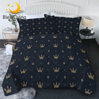 BlessLiving Gold Crown Quilt Set Retro Style Air-conditioning Summer Comforter Blue Bedding 3 Pieces King colcha verano Queen 1