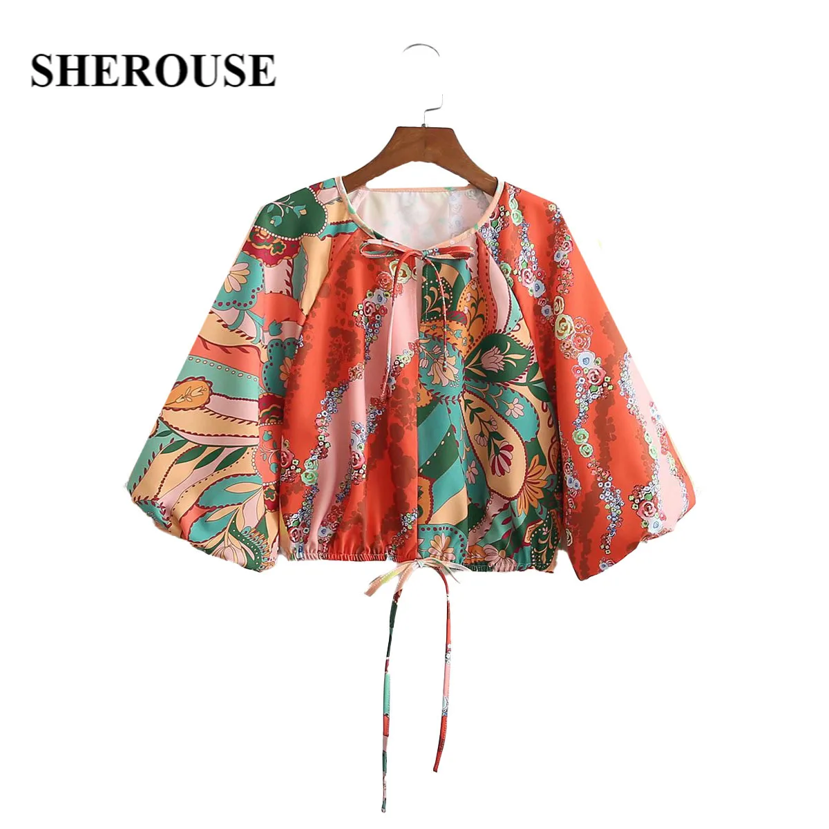 

Sherouse Women Fashion Contrast Floral Printed Blouse Round Neck Half Lantern Sleeves Chic Lady Woman Casual Crop Top
