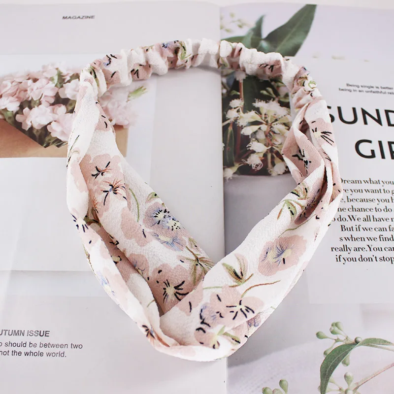 Повязка на голову женская шифоновая модная широкая повязка с цветочным принтом