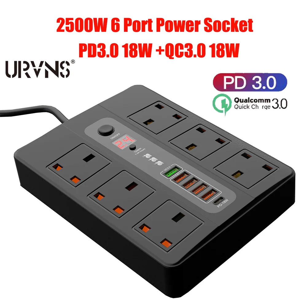 URVNS 2500W Мощность удлинитель 6 розеток С QC3.0 PD USB для быстрой зарядки Электрический