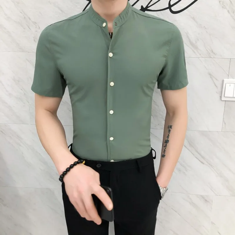

2021 New Design Men's Short Sleeve Shirts Stand Collar Slim Fit Summer Stylish Clothing Solid British Tops White Casual Shirt