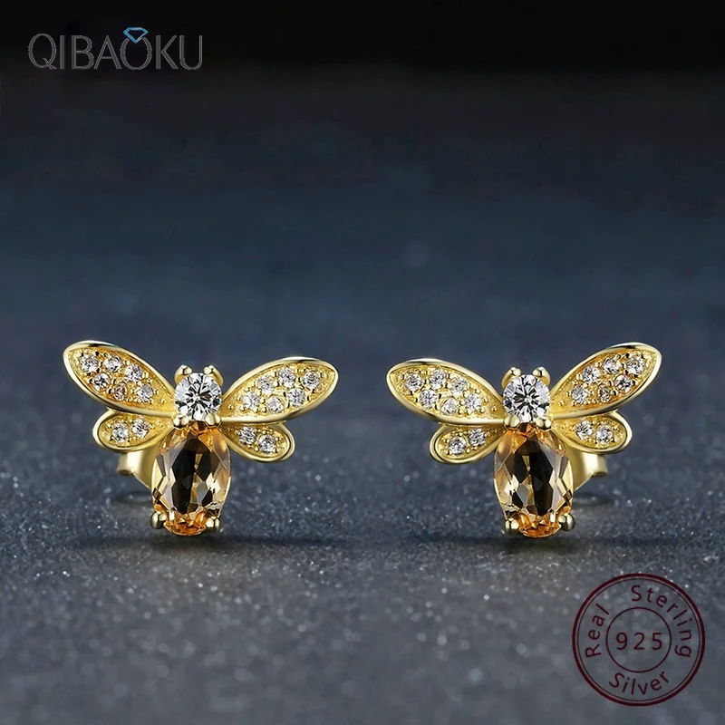 

925 Sterling Silver Stud Earrings for Women Small Bee Natural Citrine Stone Jewelry Gold-plated Gemstone Ear Jewelry Fashion