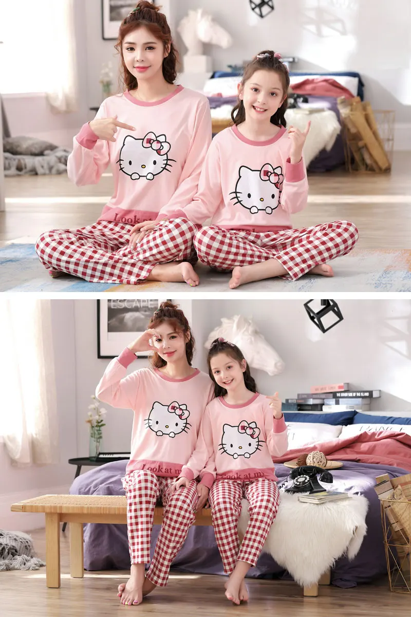 Семейные рождественские пижамы для мамы и дочки в одном стиле, платья Hello Kitty одежда из хлопка с длинными рукавами детские пижамы, для детей