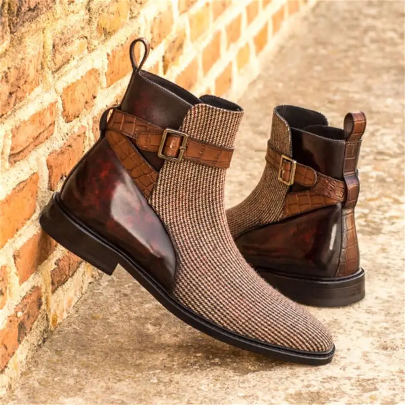 

2020 Men's Shoes New Fashion Handmade Pu Leather Classic Monk Strap Boots Low Heel Stylish Casual Chelsea Boots Zapatos HC343