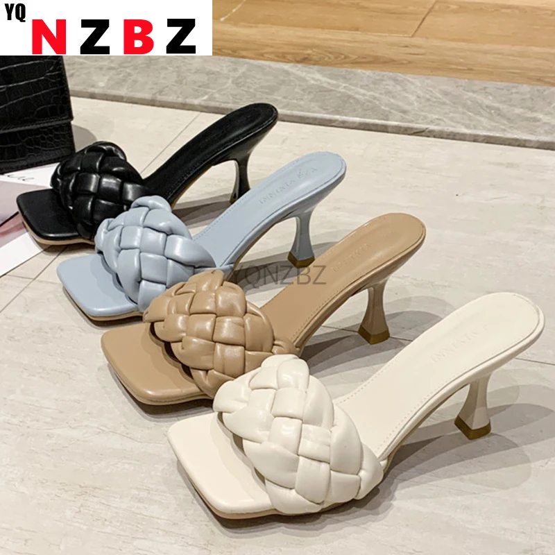 

Luxury Slides Women 8cm High Heels Mules Fetish Pumps Individual Weave Leisure Blue Office Ladies Prom Slippers Women's Shoes