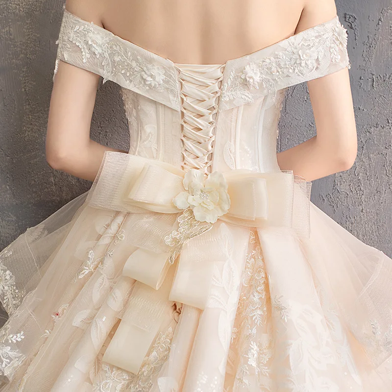 2020 Sweet Wedding Dress Boat Neck Lace up Bridal Dress Corset Bridal Gown Monarch Train Wedding Gown Robe de Mairee OY-Y699
