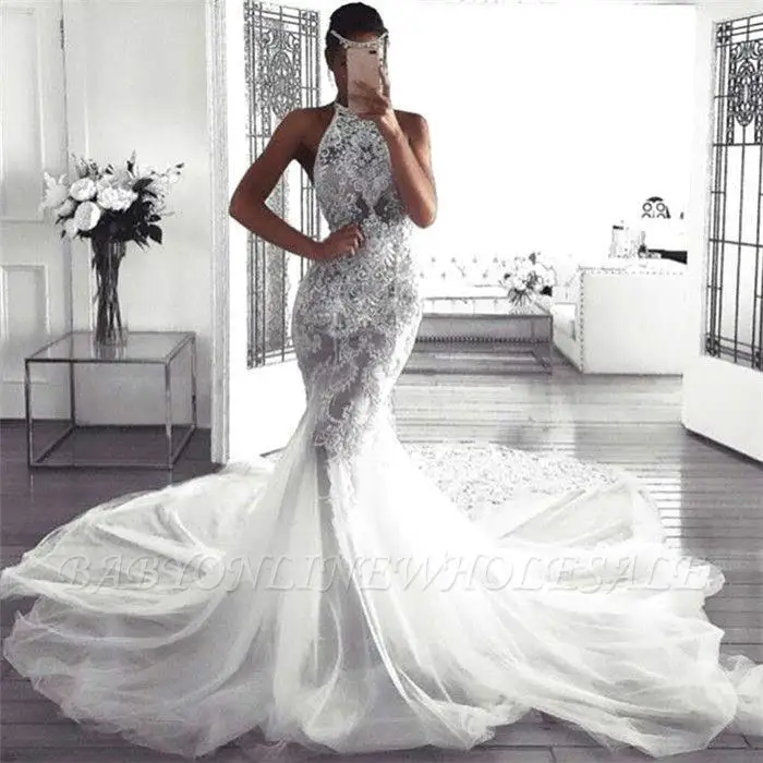 Sexy Halter Mermaid Wedding Dress Luxury Lace Appliques Wedding Gowns with Tulle Court Train Robe De Mariee