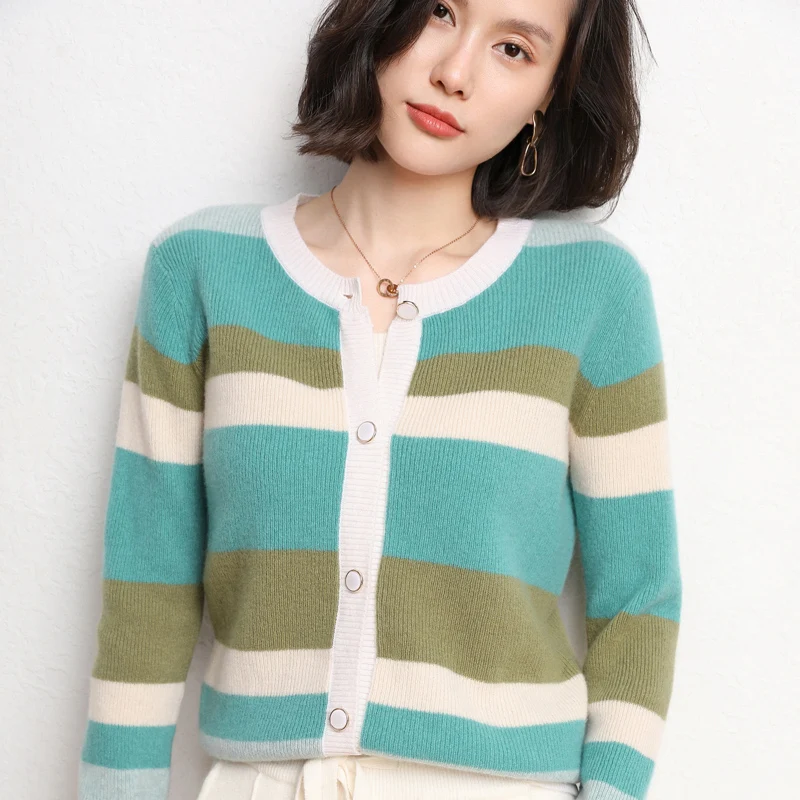 Осенний Новый кардиган с круглым вырезом свитер шерстяное вязаное однобортное