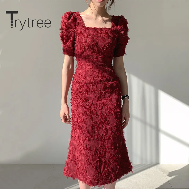 Летнее женское платье Trytree 2020 повседневное облегающее однотонное с квадратным