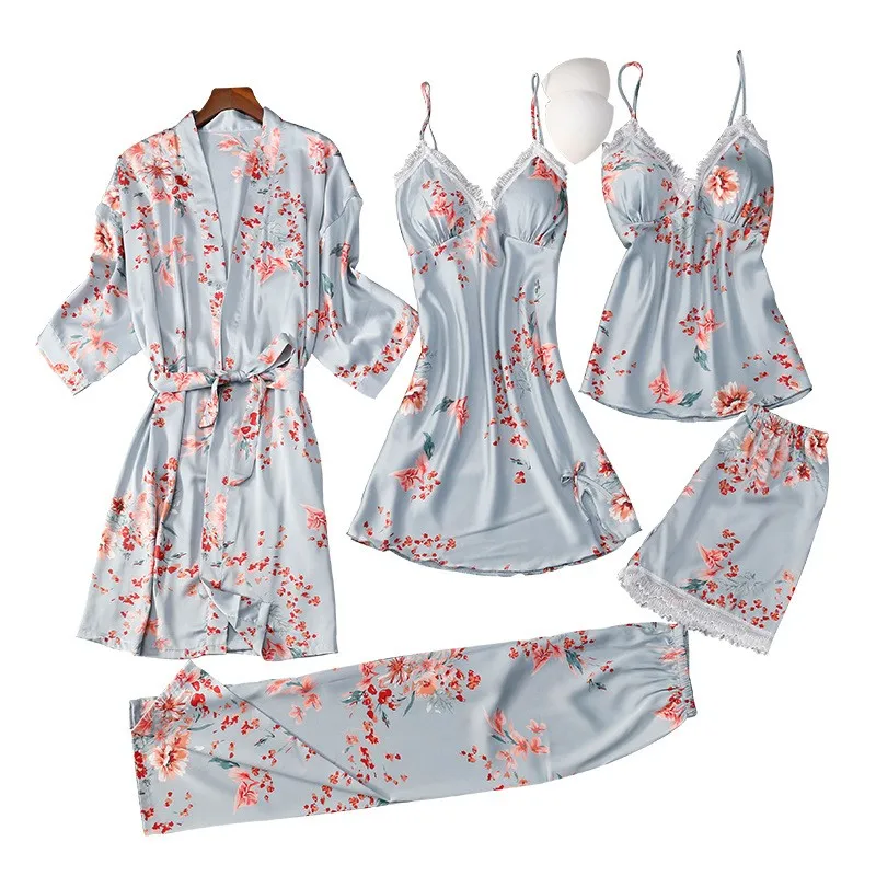 

5PCS Robe Set Female Nightwear Intimate Lingerie Sleepwear Lace Sexy Homewear Kimono Bathrobe Gown Spring Autumn New Sleep Set