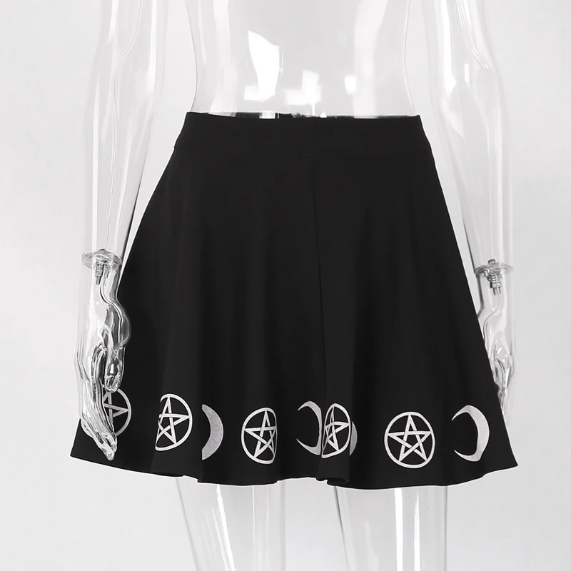 ImilyBela Gothic Casual Mini Skirt Women Sexy High Waist Print Black A-line Skirt Empire Draped Punk Style Streetwear Jupe Femme