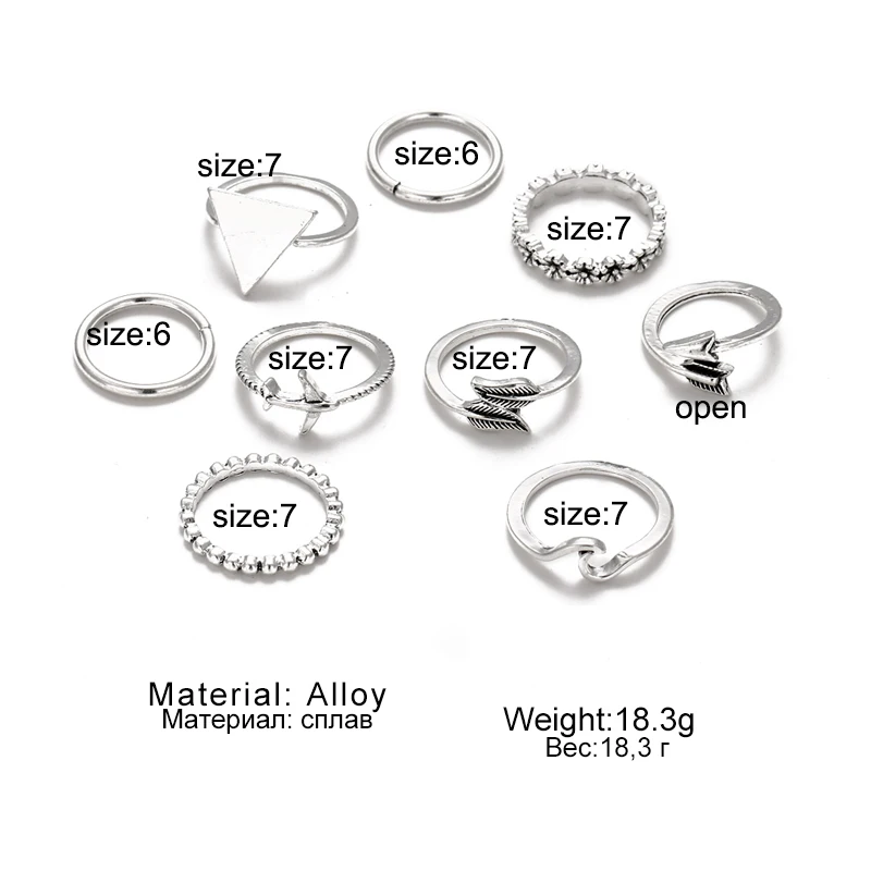 9 шт./компл. винтажное серебряное треугольное кольцо с геометрическим рисунком