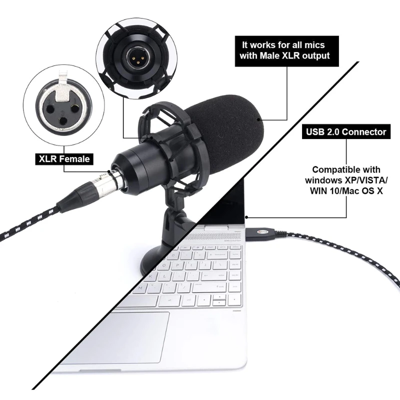 XLR Female to USB Male Mic Link Cable for Microphone Recording Adapter Splitter 1XCE | Audio &amp Video Cables