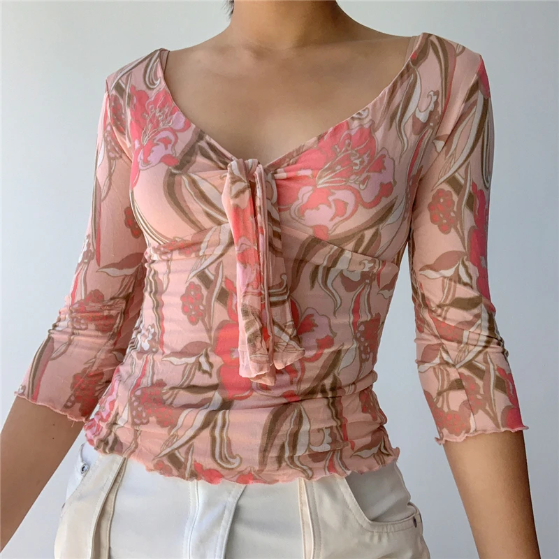 

Hirigin V Neck Lace Up Three Quarter Sleeve Autumn Tops Pink Floral Sweet Cute Y2K T-Shirt Fairy Aesthetic Kawaii Women Clothes