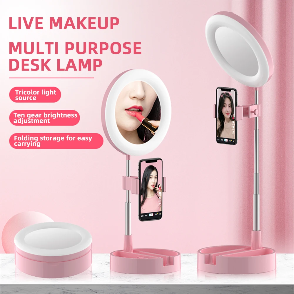 

Portable Selfie Ring Light With Stand Cell Phone Holder Fold Mini LED Ring Light Desk Lamp For Live Streaming Makeup Ringlights