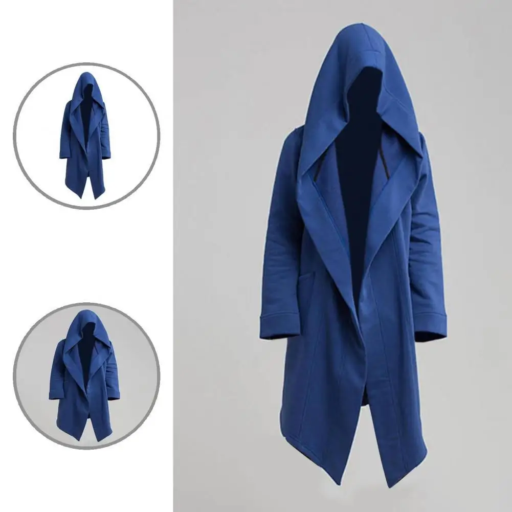 

Solid Color Cool Hooded Men Trench Coat Extra Long Jacket Big Hat for Autumn