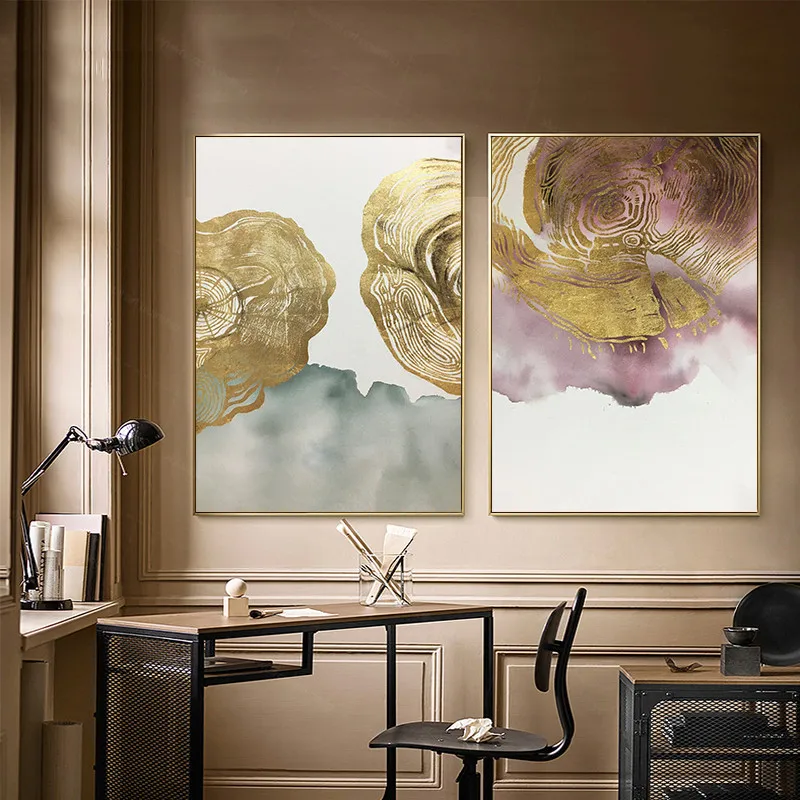 2 Pieces Hand Painted Gold Leaf Abstract Canvas Painting Wall Art Pictures For Living Room Home Decoration Texture | Дом и сад