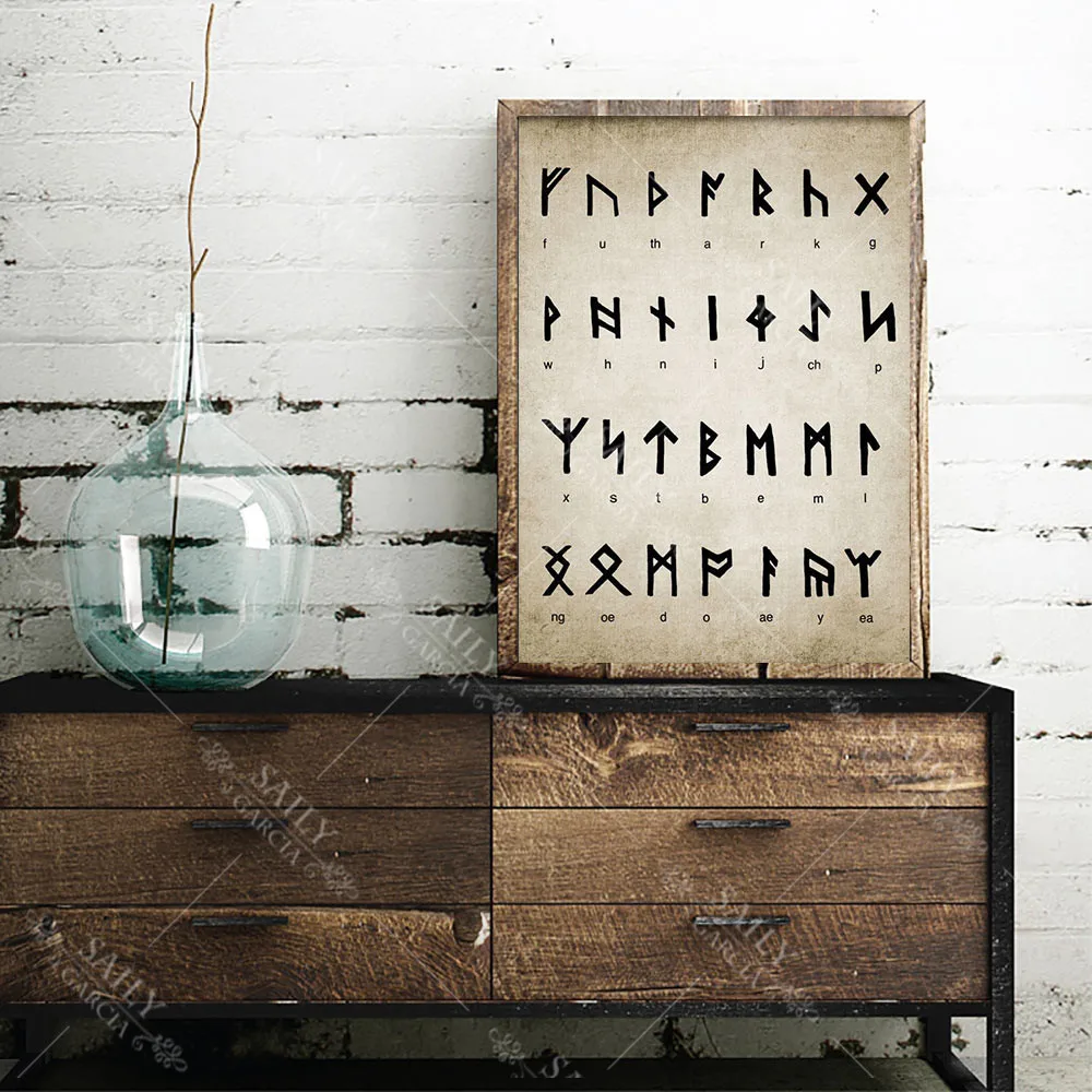 Runic Алфавит гадания патент ВИНТАЖНЫЙ ПЛАКАТ письмо волшебный викингов старый