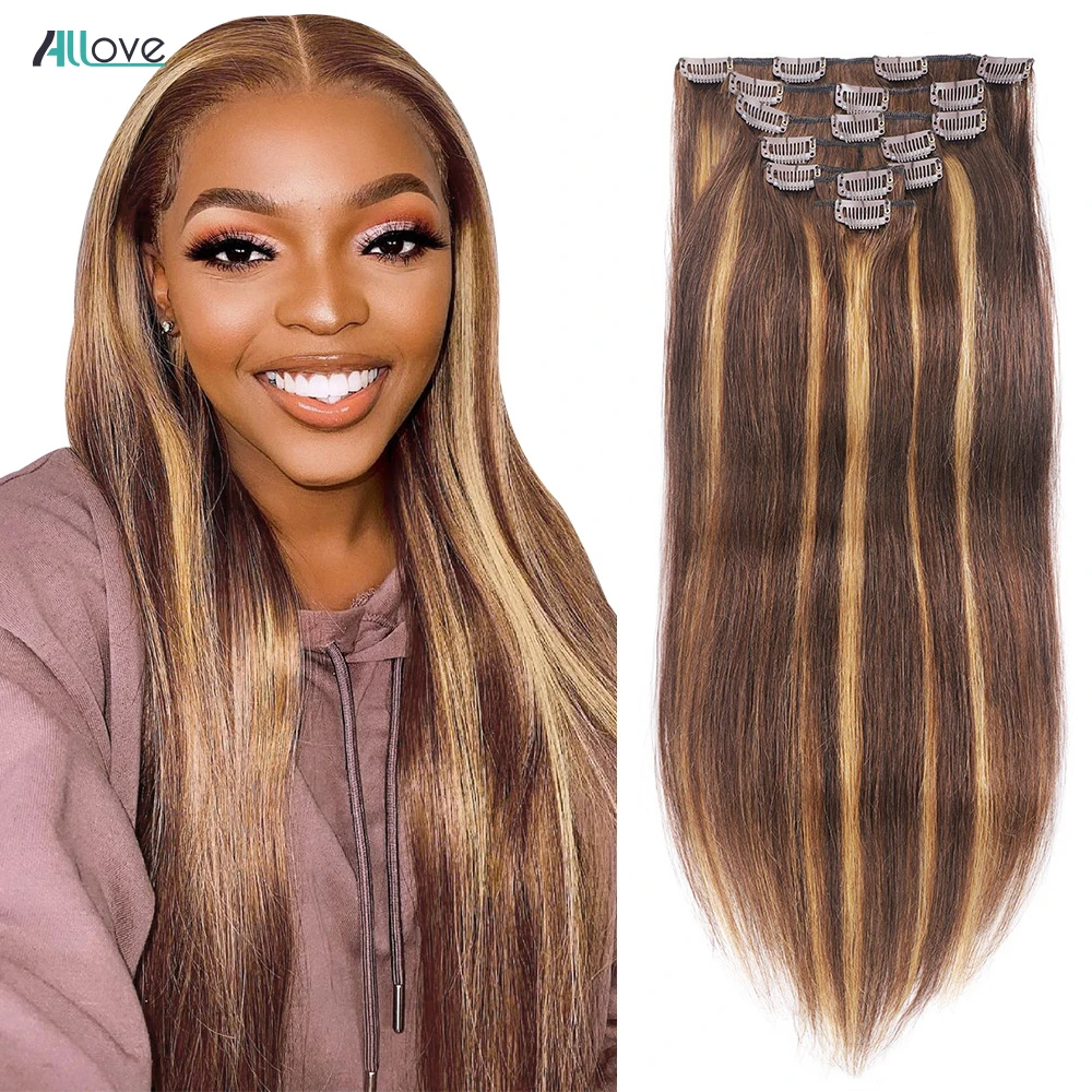 

Highlight Straight Clip In Hair Extensions Human Hair 4/27 Clip In 7 Pcs/Set Hair Brazilian Remy Hair Extension For Black Women