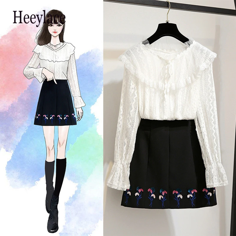 Коллекция 2019 года комплект из кружевного топа и юбки 2 предметов женская одежда