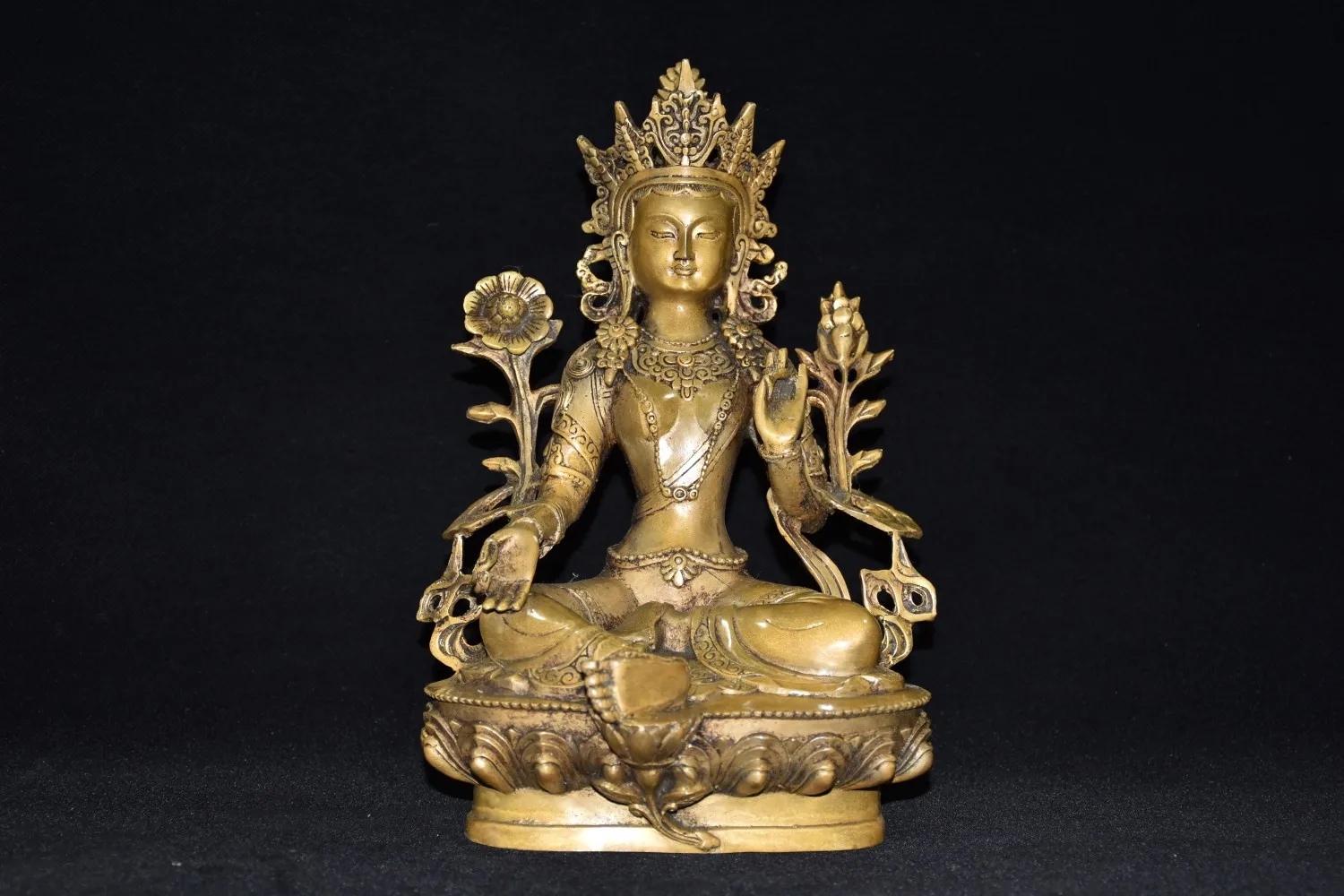 

Китайская народная коллекция, старая бронзовая патина, Зеленая Тара Бодхисаттва, лотос, терраса, сидячее украшение Будды, городской дом, экз...