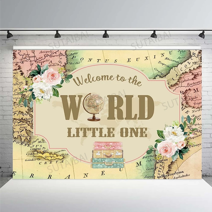 

Map Adventure Theme Baby Kids Photography Backdrop Birthday Party Welcome To The World Decor Backgrounds Photo Studio Banner