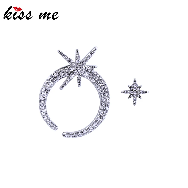 

kissme Asymmetric Women Stud Earrings Exquisite Zircon Moon Star White Gold Color Brass Ear Pins Gifts Fashion Jewelry Wholesale
