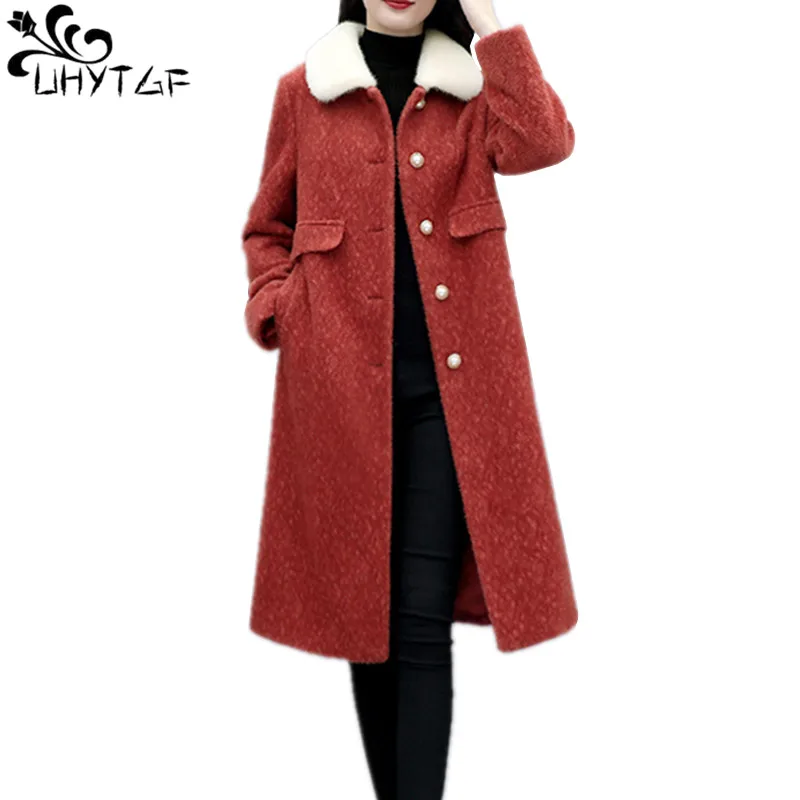 

UHYTGF Women Woolen Coat Winter 5XL Plus size Fashion Europen Female Overcoat Gold velvet Woolen jacket Women Cashmere Coat X683