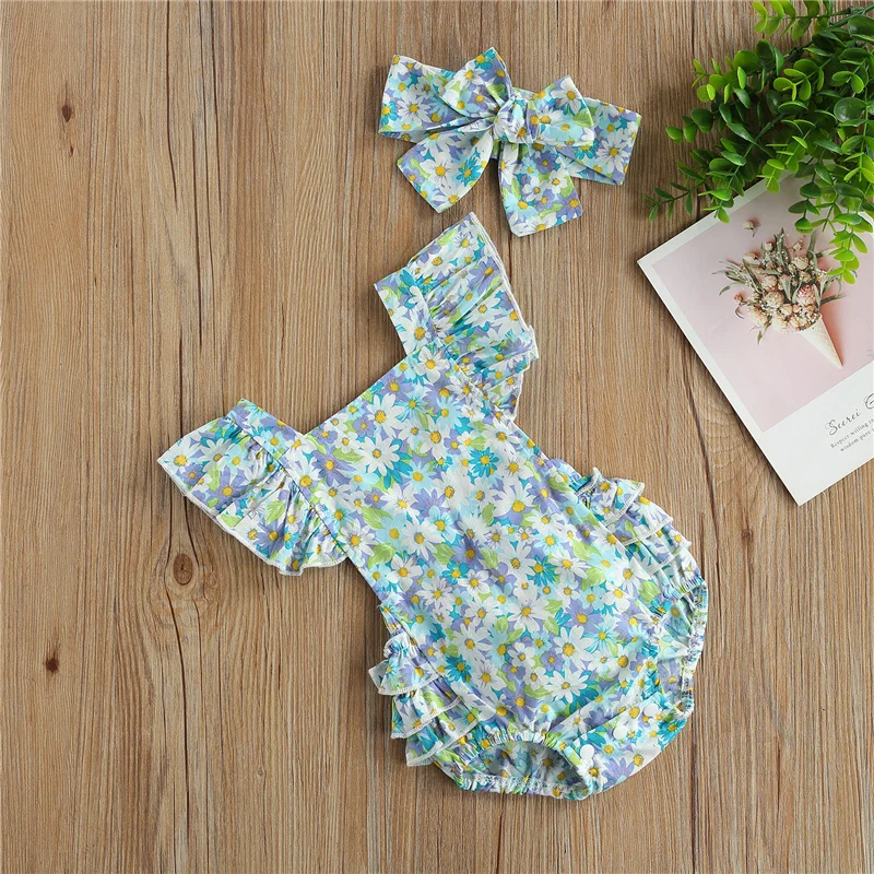 

Baby Girls Summer Floral Outfits 2 Pcs ,Newborn Daisy Print Fly Sleeves Square Collar Layered Ruffle Bodysuit + Bowknot Headband
