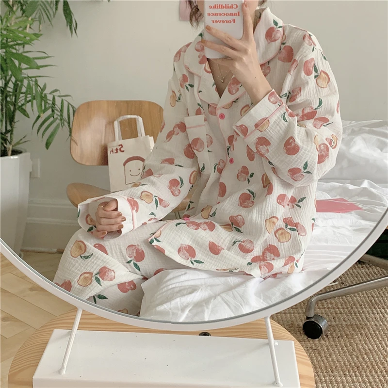 

pure cotton women pajama set homewear peach sleepwear long sleeve cardigan pants pyjamas 2 piece set trousers autumn spring L549