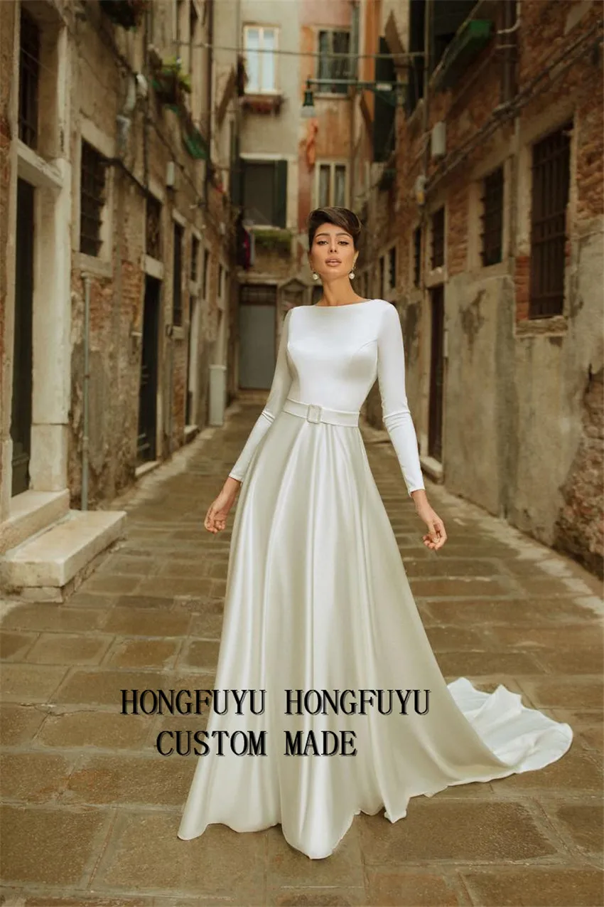 

Simple Long Sleeve Plain Satin Wedding Dress Bridal Gown Bride Custom Made vestido de fiesta de boda