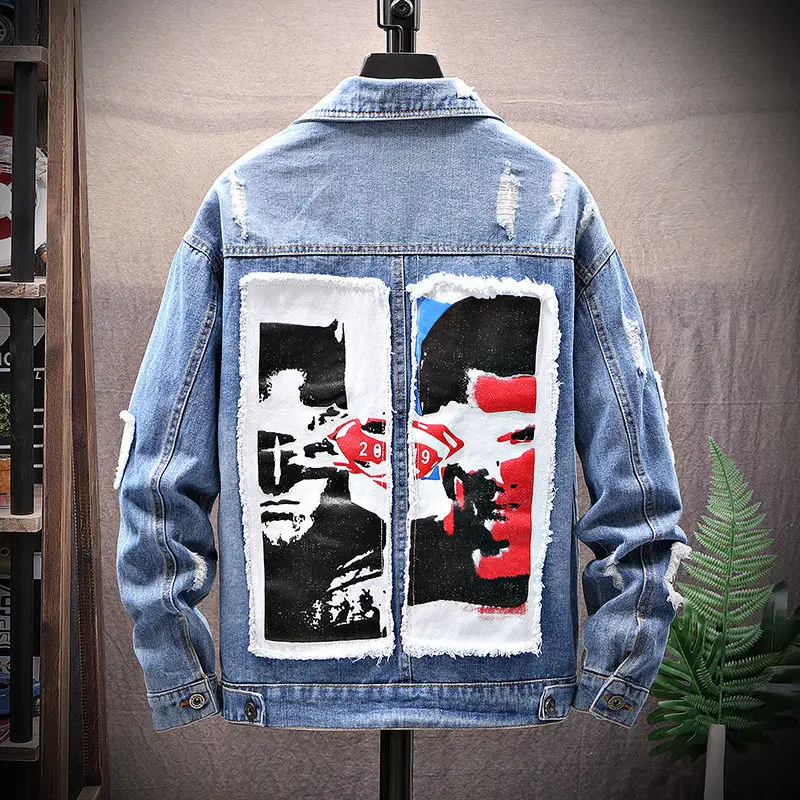 Мужская джинсовая куртка уличная хип хоп летная мужская брендовая рваная