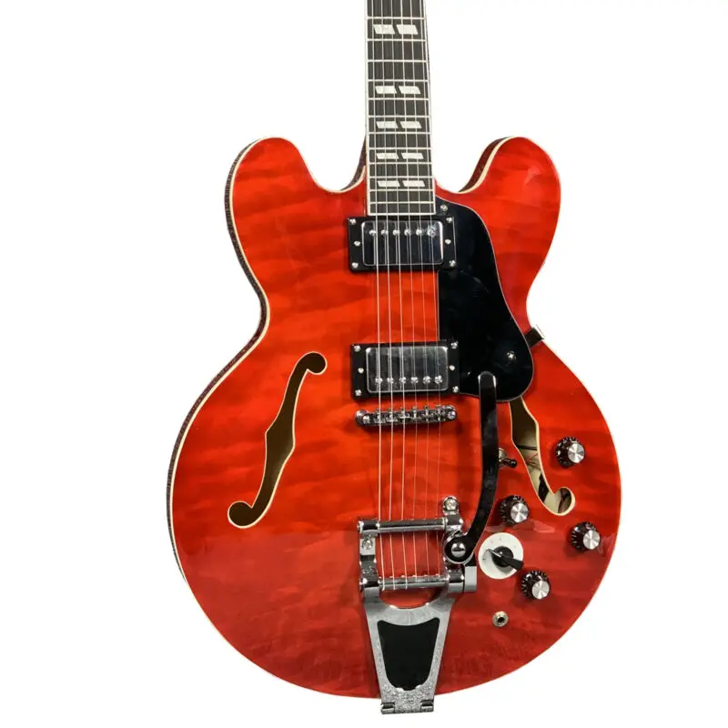 

New High Quality 6 Strings Semi Hollow Body Electric Guitar Flamed Maple Veneer Red Color Black Pickguard Rosewood Fingerboard