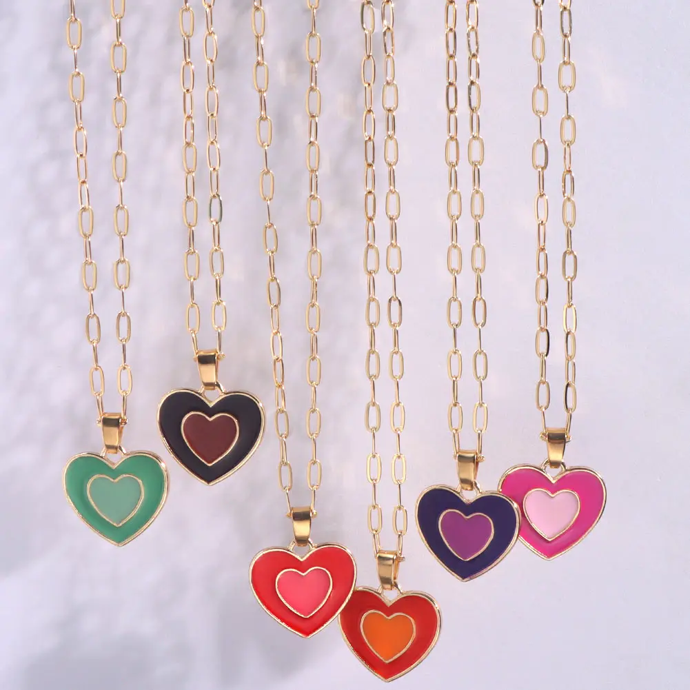 Flatfoosie Trendy Y2K Double Layer Heart Pendant Necklace for Women Colorful Dripping Oil Metal Choker Jewelry | Украшения и