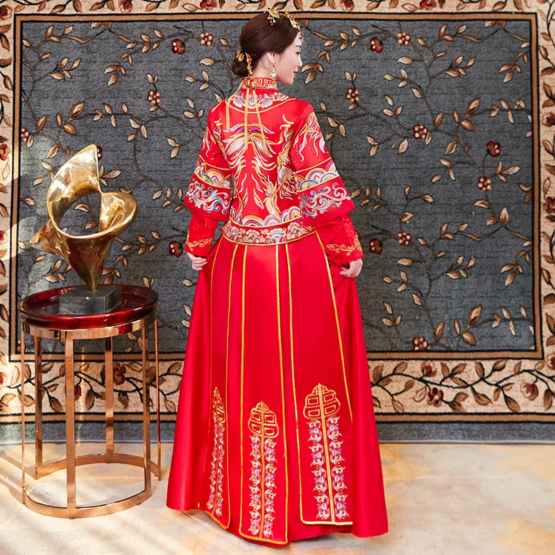 

Exquisite Suzhou Embroidery Phoenix Qipao Vintage Mandarin Collar Wedding Dress Chinese Style Full Length Hanfu Clothing