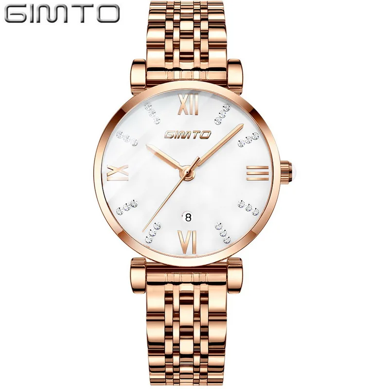 rose white GIMTO розового золота роскошный кристалл женские часы Сталь браслет кварцевые наручные часы Дата леди смотреть женский relogio feminino - Цвет: rose white
